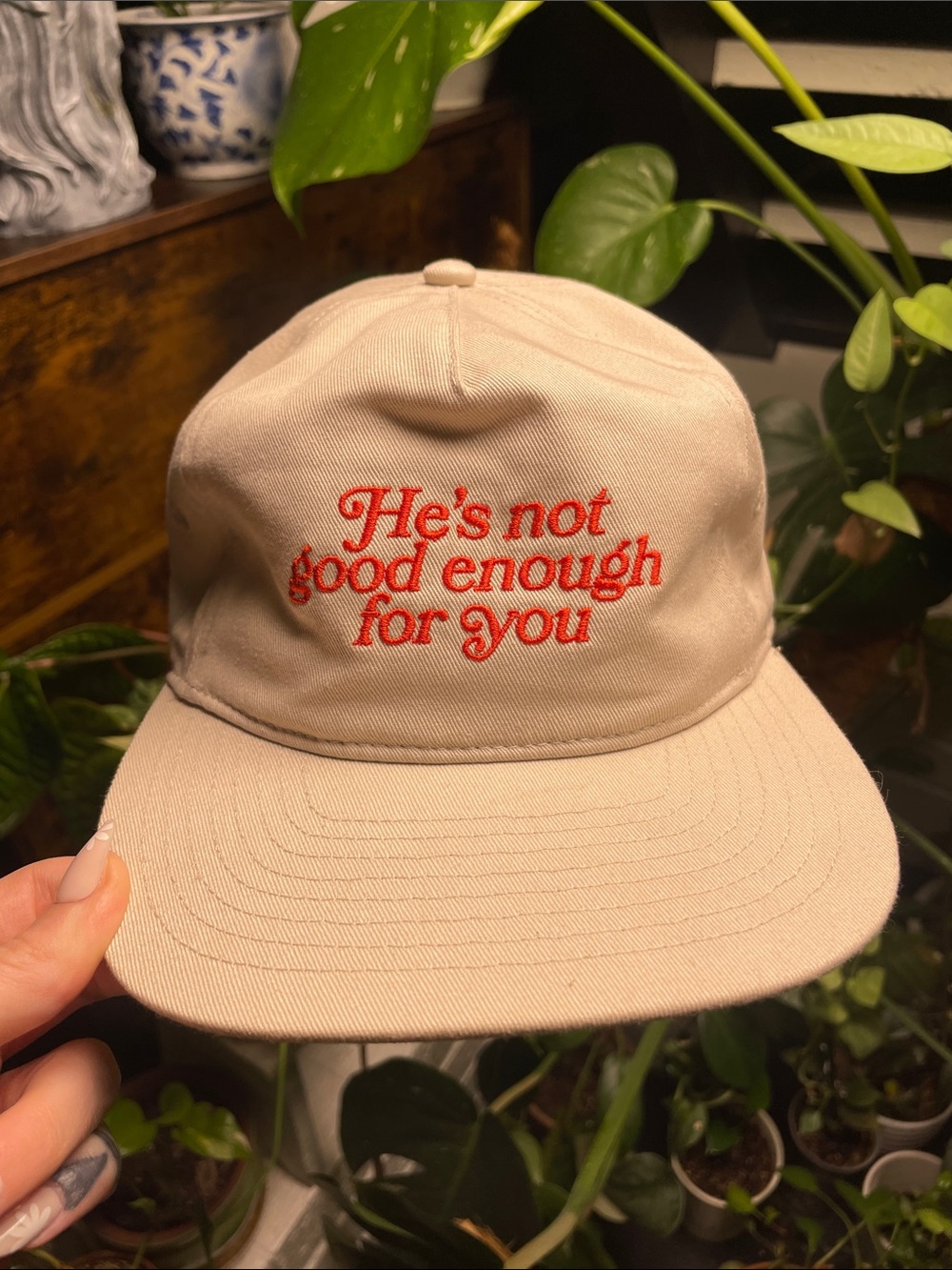 Urban Outfitters Beige Cap with Red Embroidered Slogan